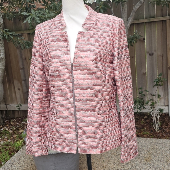 Lafayette 148 Jacket Womens 12 Red Tweed Cotton /Silk Zip Up Blazer - Picture 1 of 13